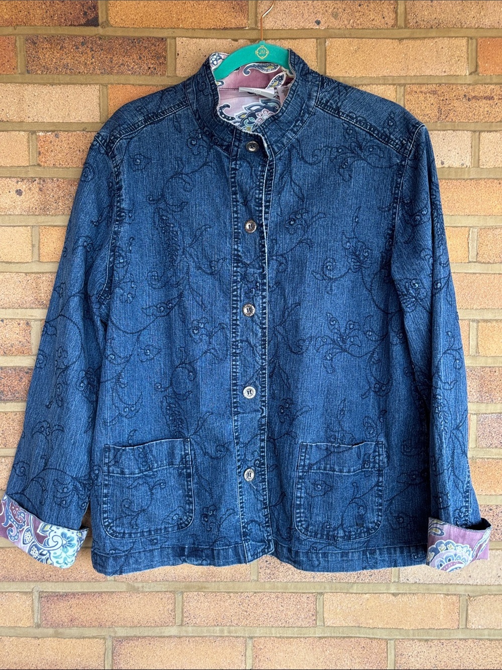 Alfred Dunner Embroidered Denim Jacket Mandarin Collar Paisley Trim 16P